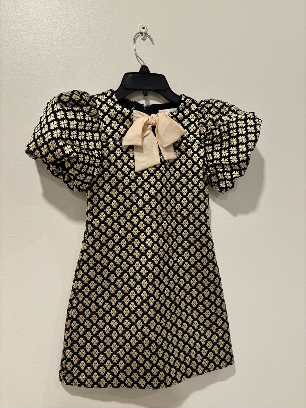 Girls Black and Cream Puff-Sleeve Bow Dress